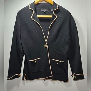 BCBG Maxazria Black Women's L Open Front Cardigan with Cream Trim Gold Buttons